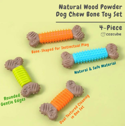 Natural Wood Powder Dog Chew Bone Toy Set (Textured Cleaning Design)4-Piece
