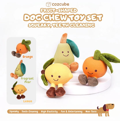 3-Piece Fruit-Shaped Plush Dog Chew Toy Set (Squeaky, Teeth Cleaning)
