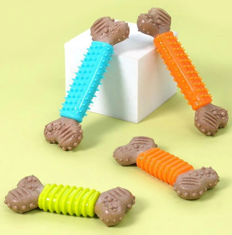 Natural Wood Powder Dog Chew Bone Toy Set (Textured Cleaning Design)4-Piece